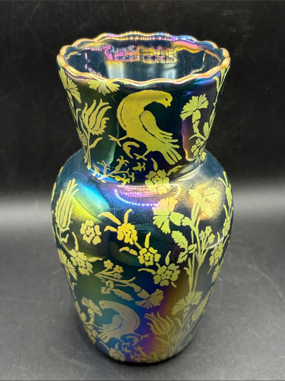 Anthropologie Lanza Iridescent Stoneware Floral Bird Motif Vase Vessel Decor